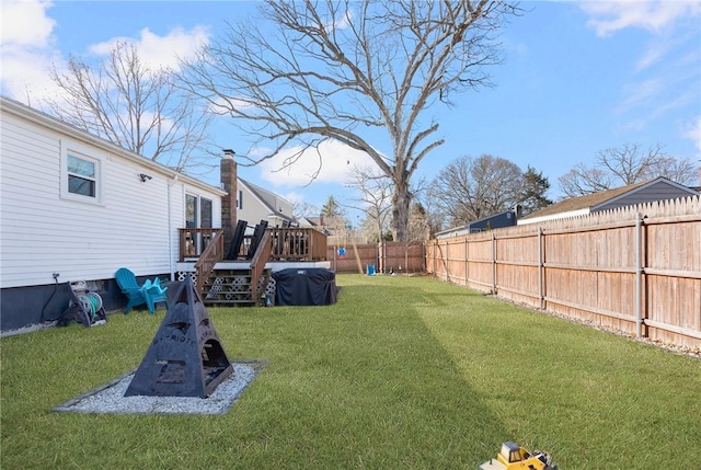 view of yard featuring a wooden deck and a fenced backyard