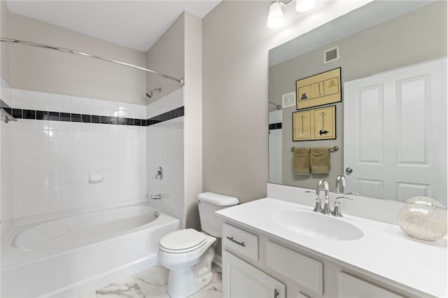 full bathroom featuring vanity, visible vents, bathing tub / shower combination, toilet, and marble finish floor