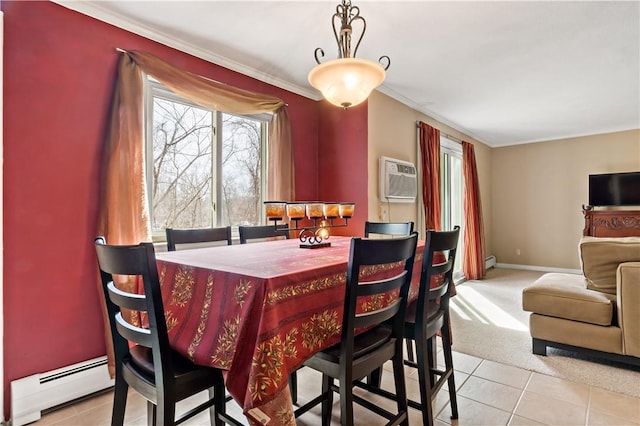 tiled dining area with an AC wall unit, ornamental molding, a baseboard heating unit, carpet, and baseboards