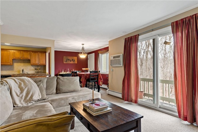 living area with crown molding, light colored carpet, and a wall mounted air conditioner