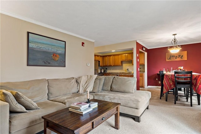 living room featuring light colored carpet, light tile patterned flooring, and crown molding