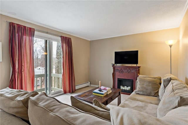 carpeted living room featuring a baseboard heating unit, a fireplace, baseboards, and ornamental molding