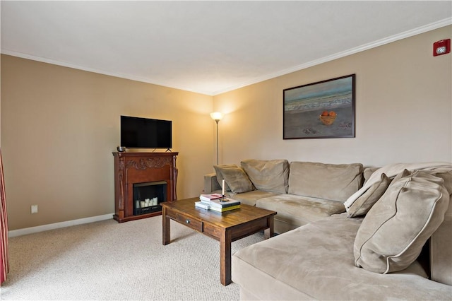 carpeted living area with a fireplace, baseboards, and ornamental molding