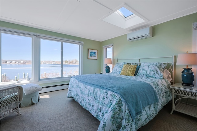 bedroom with a water view, an AC wall unit, carpet floors, a skylight, and a baseboard radiator