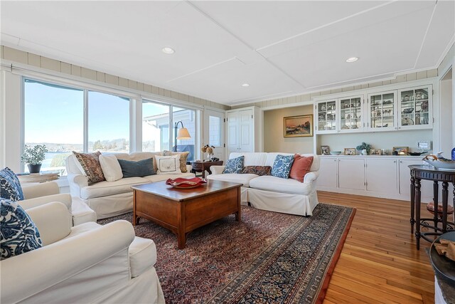 living room featuring recessed lighting and light wood-style floors