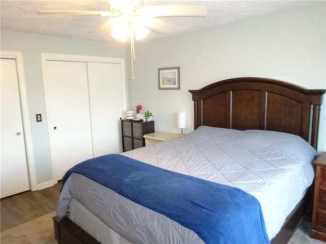 bedroom with a ceiling fan, multiple closets, and wood finished floors