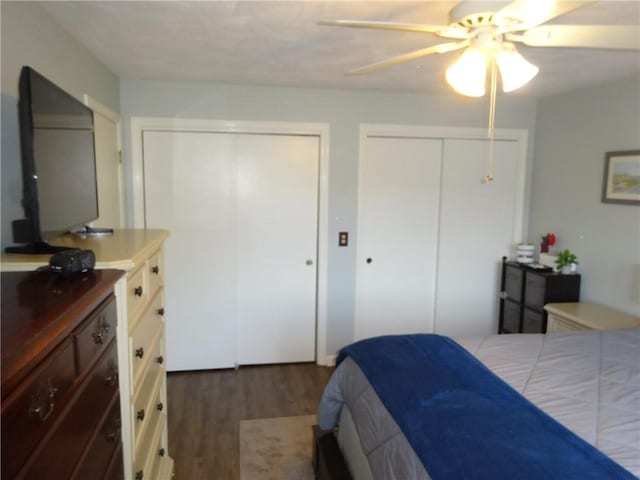 bedroom featuring two closets, a ceiling fan, and wood finished floors