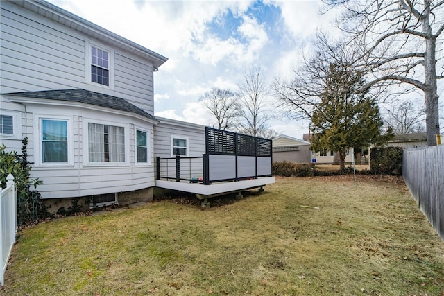 view of yard with a wooden deck and a fenced backyard