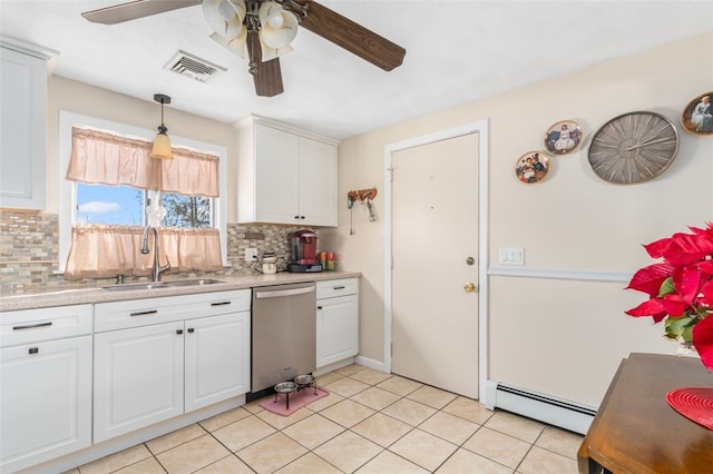 kitchen with visible vents, a sink, a baseboard heating unit, decorative backsplash, and dishwasher