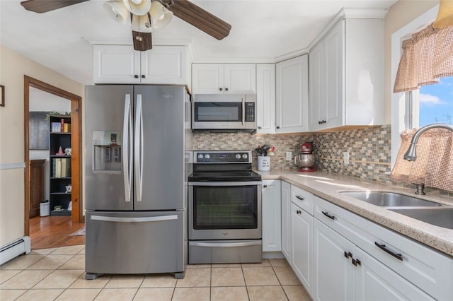 kitchen featuring a sink, white cabinetry, appliances with stainless steel finishes, and light tile patterned floors