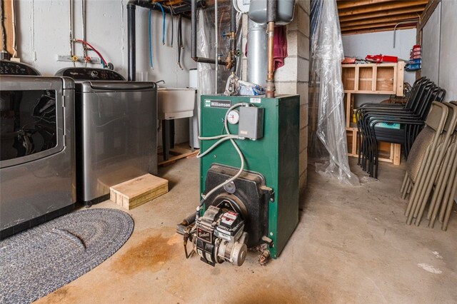 utilities featuring separate washer and dryer and a heating unit