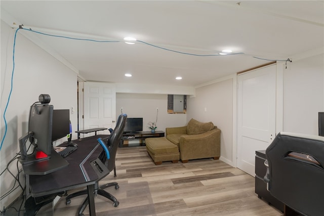 office with recessed lighting and light wood-type flooring