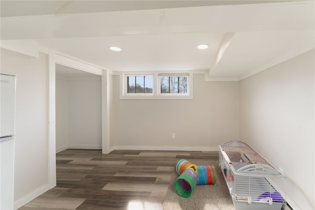 game room with recessed lighting, baseboards, and wood finished floors