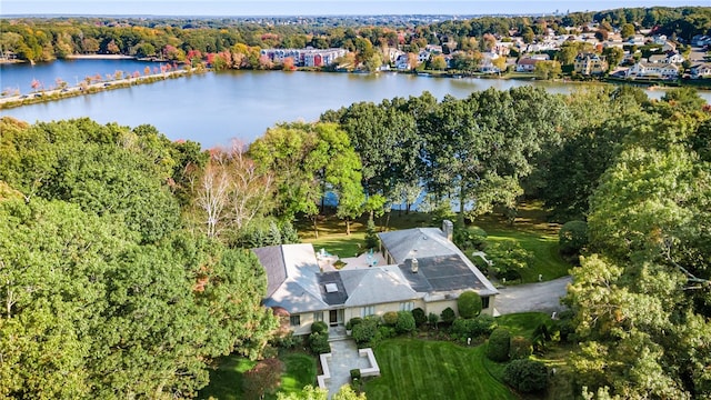 aerial view featuring a water view