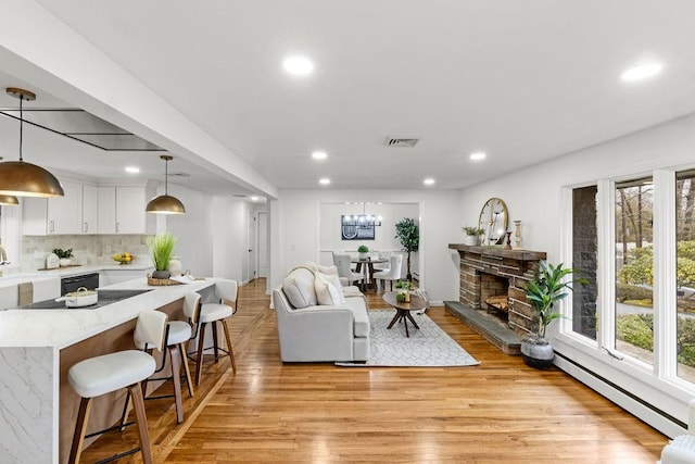 living room featuring a baseboard radiator, a healthy amount of sunlight, and light wood finished floors