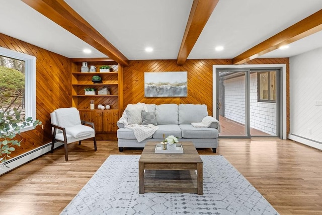 living room with beam ceiling, recessed lighting, wood walls, and wood finished floors