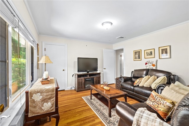 living room featuring wood finished floors, visible vents, and ornamental molding