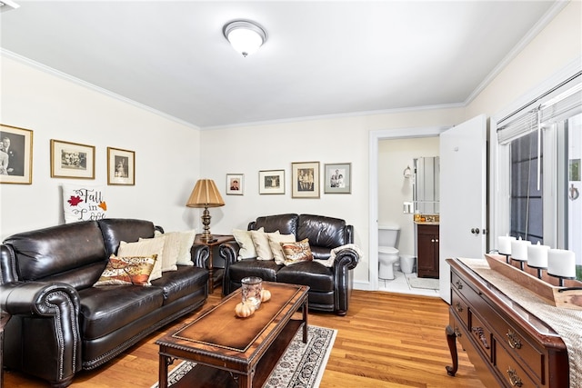 living area with light wood-style floors and crown molding