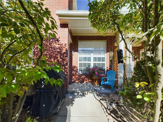 view of exterior entry with brick siding