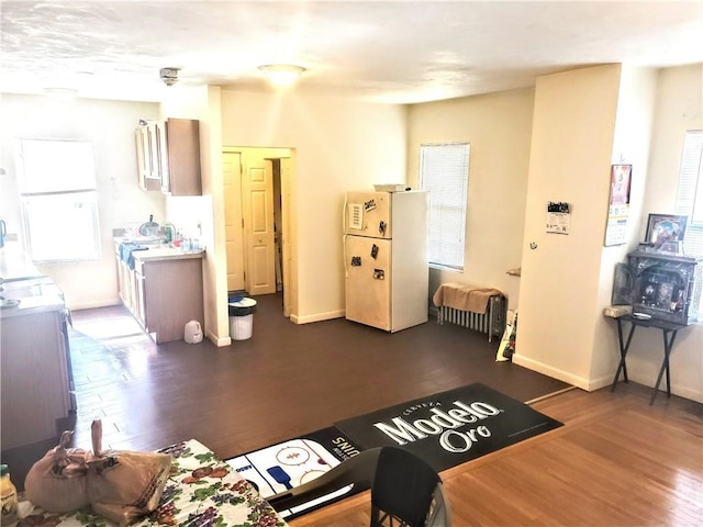 living room featuring wood finished floors and baseboards