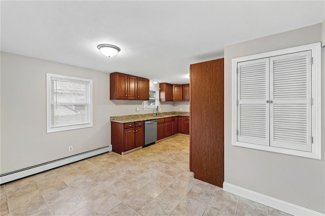 kitchen with baseboards, light stone countertops, a baseboard radiator, stainless steel dishwasher, and a sink