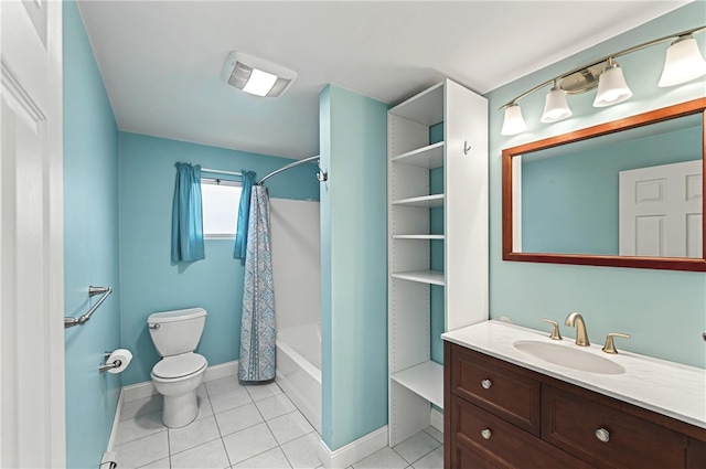 bathroom with tile patterned flooring, baseboards, toilet, shower / bath combination with curtain, and vanity