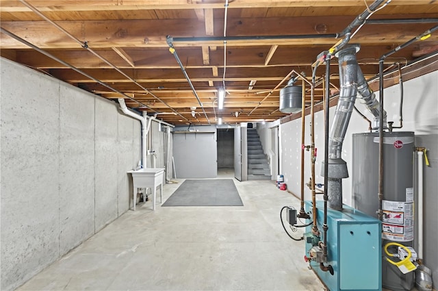 unfinished below grade area featuring stairs, water heater, and a heating unit