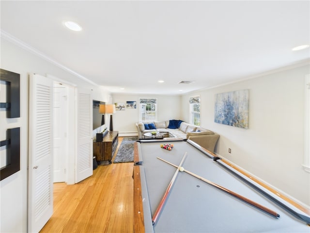 game room featuring visible vents, pool table, light wood-type flooring, ornamental molding, and recessed lighting