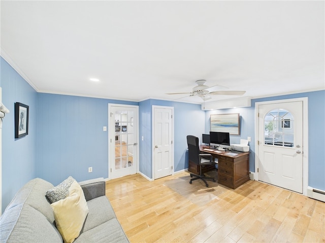 office featuring ceiling fan, light wood-type flooring, baseboards, and ornamental molding