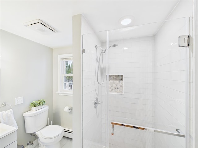 bathroom featuring baseboard heating, a stall shower, toilet, and vanity