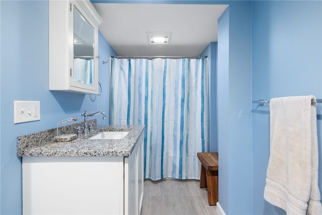 bathroom featuring vanity, a shower with curtain, and wood finished floors