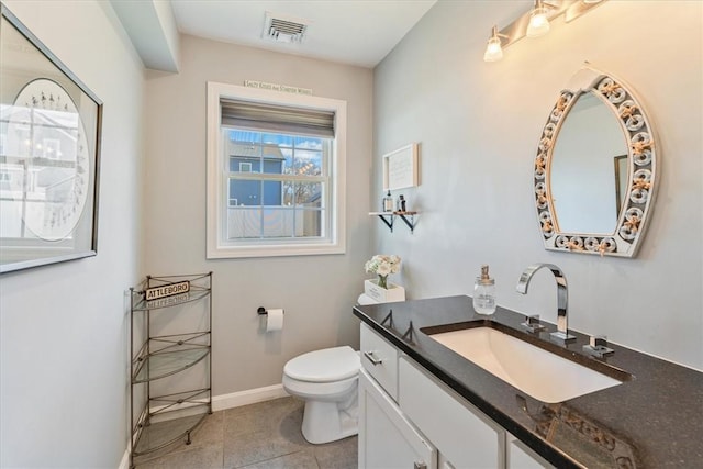 half bath featuring visible vents, baseboards, toilet, tile patterned floors, and vanity