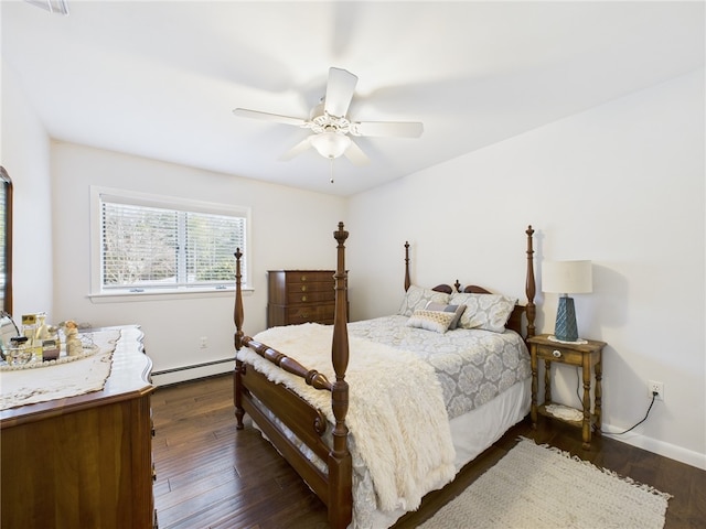 bedroom featuring a baseboard radiator, baseboards, a ceiling fan, and dark wood-style flooring