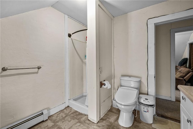 full bathroom with a shower stall, toilet, lofted ceiling, and a baseboard radiator