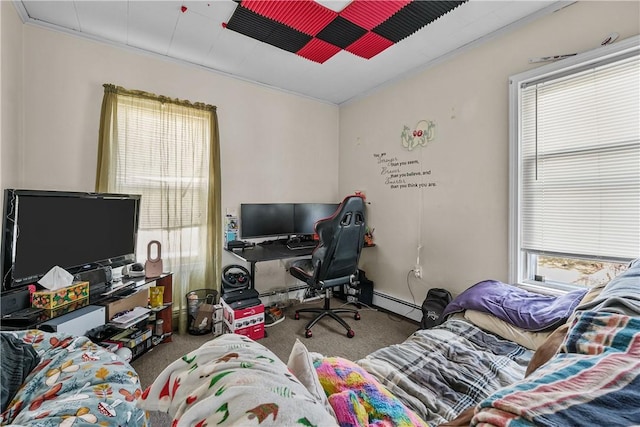 carpeted bedroom with a baseboard radiator