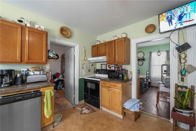 kitchen featuring dark countertops, black microwave, under cabinet range hood, electric range oven, and stainless steel dishwasher