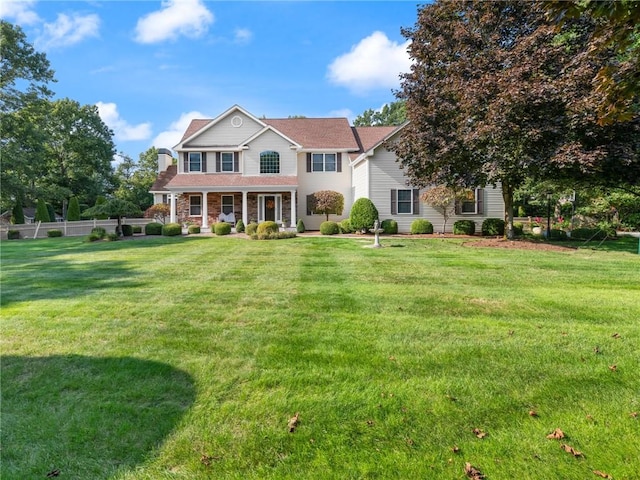 view of front of home featuring stone siding, a front yard, and fence