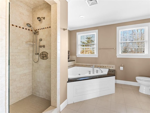 full bathroom with visible vents, toilet, baseboards, crown molding, and tiled shower