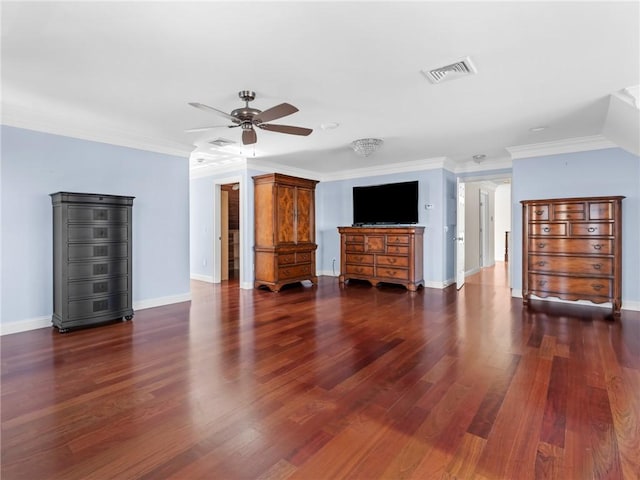 unfurnished living room with visible vents, a ceiling fan, crown molding, baseboards, and dark wood-style flooring