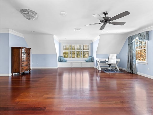 sitting room with visible vents, a healthy amount of sunlight, wood finished floors, and crown molding