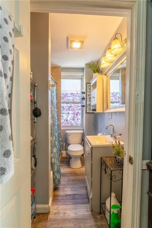 bathroom with curtained shower, vanity, toilet, and wood finished floors