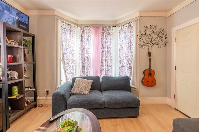 sitting room with baseboards and wood finished floors