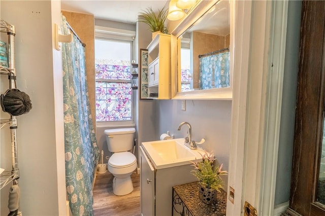 bathroom with curtained shower, toilet, vanity, and wood finished floors