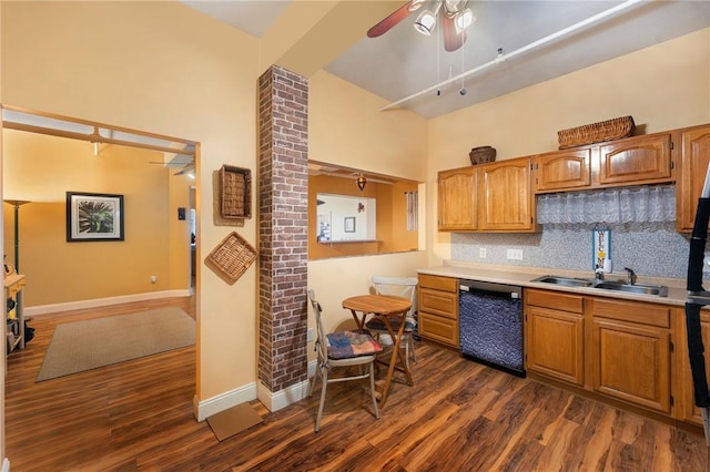 kitchen featuring dark wood-style floors, dishwasher, tasteful backsplash, and a ceiling fan