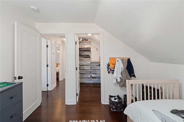 bedroom featuring a walk in closet, dark wood-type flooring, a closet, and lofted ceiling