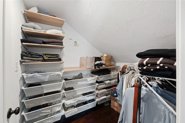 walk in closet featuring wood finished floors and vaulted ceiling