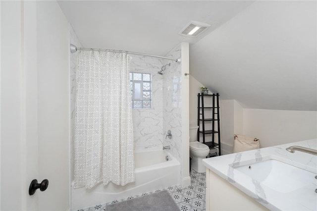 full bath featuring visible vents, toilet, shower / bath combo, lofted ceiling, and vanity