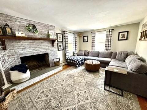 living area featuring a fireplace and wood finished floors