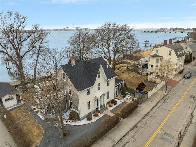 aerial view featuring a water view