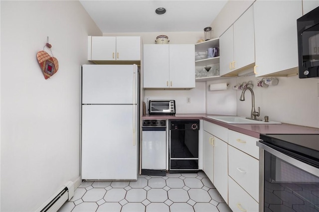 kitchen with black appliances, white cabinets, a baseboard radiator, and a sink